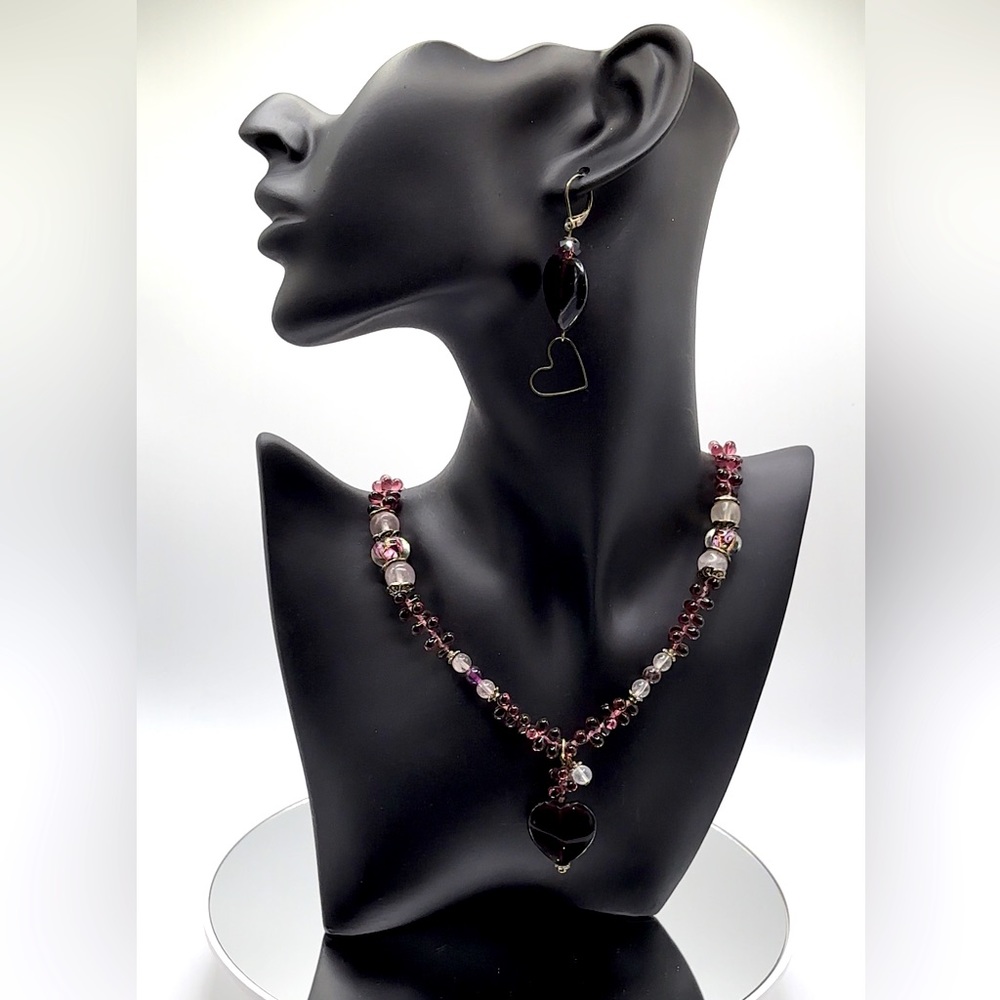 *RARE* Amethyst Heart Austrian Crystal Tibetan Silver Necklace and Earring Set